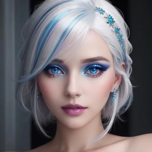 Prompt: A beautiful woman, white hair with pastel highlights, blue eyes, blue eyeshadow, blue jewels on forehead