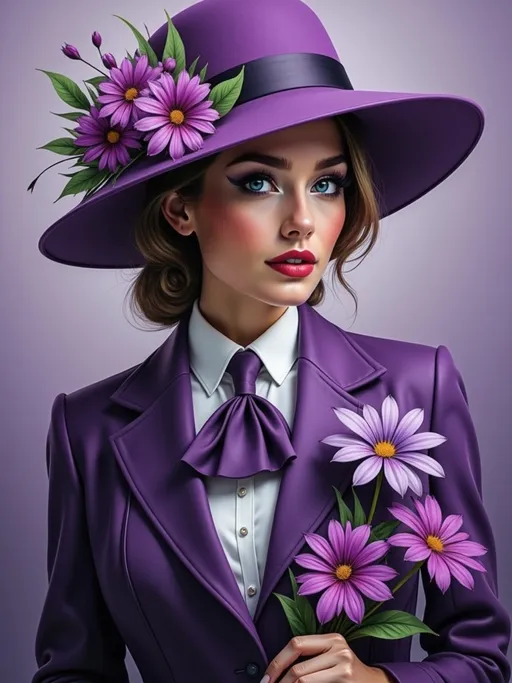 Prompt: a woman wearing a purple hat with flowers on it's side and a purple dress coat and tie, Araceli Gilbert, synchromism, purple, a photorealistic painting