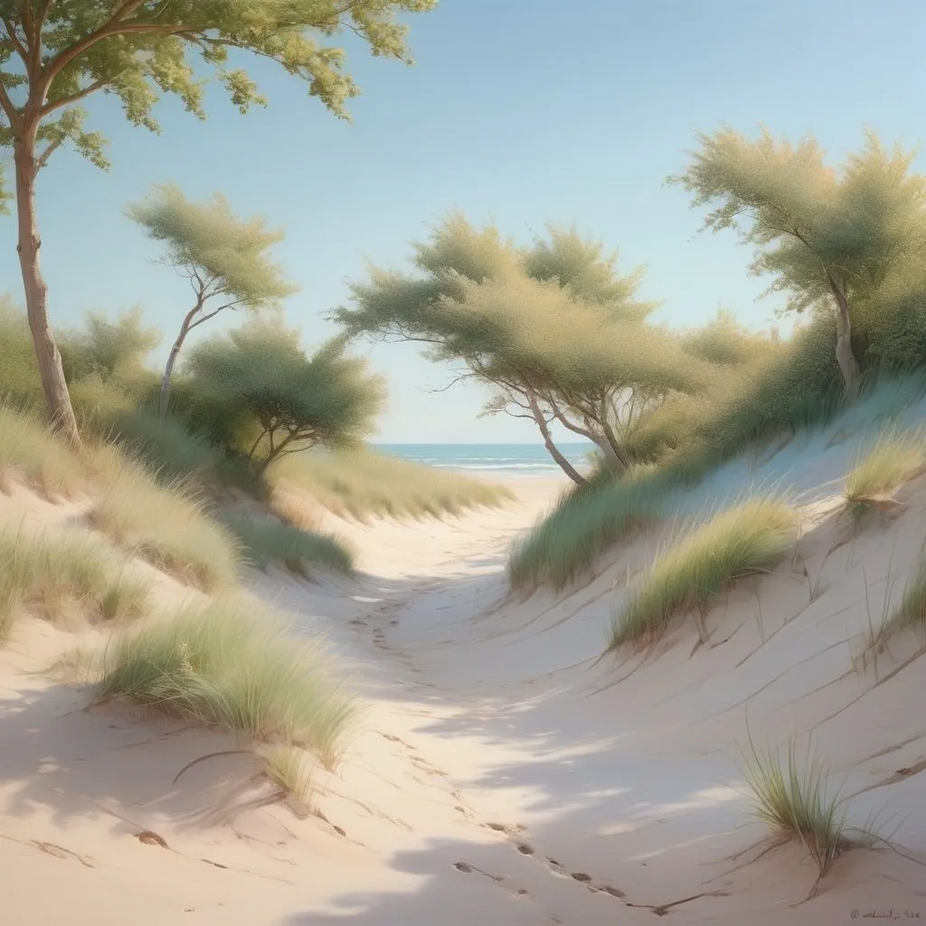 Prompt: Pastel illustration of a serene seaside, soft and dreamy, pastel colors, delicate waves, peaceful beach, sandy shore, clear blue sky, best quality, highres, soft pastel, serene, tranquil, beach landscape, dreamy waves, peaceful atmosphere