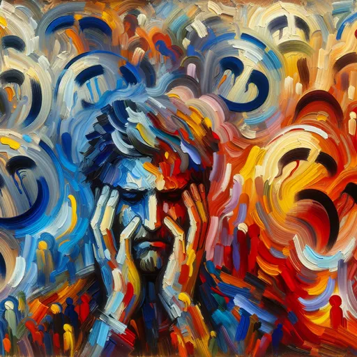 Prompt: <mymodel>Sad meaning disguised under happy expressionism, oil painting, vibrant and contrasting colors, emotional brush strokes, intense and contrasting, abstract, emotional, high quality, expressionism, oil painting, vibrant colors, emotional brush strokes, intense, abstract, contrasting, artistic, emotional