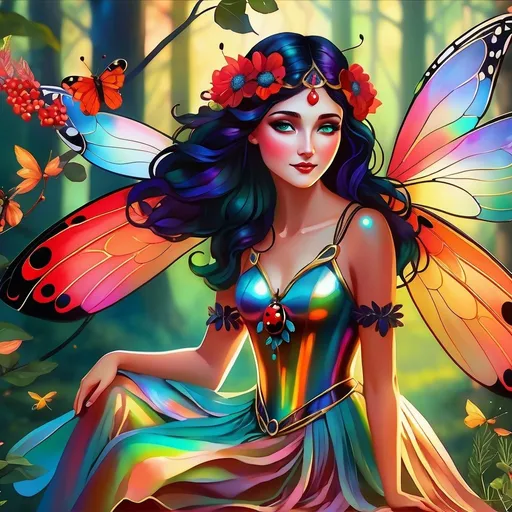 Prompt: Ladybug fairy goddess, digital illustration, serene woodland setting, intricate wings with holographic details, ethereal and magical vibe, vibrant and saturated colors, elegant and graceful pose, fine art quality, high resolution, fantasy, whimsical, holographic wings, magical, ethereal, vibrant colors, woodland, serene, elegant pose, fine art quality, detailed artwork