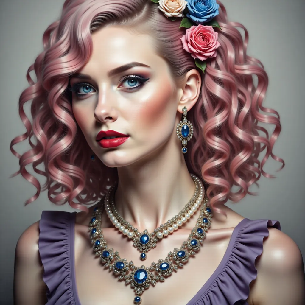 Prompt: a woman with pink hair and blue eyes wearing a necklace and earrings with roses on her head and a necklace with pearls, Edwin Georgi, photorealism, highly detailed digital painting, a photorealistic painting