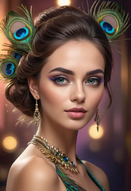 Prompt: <mymodel> Gorgeous woman with beautiful makeup and hair, peacock feathers, high-quality, detailed, realistic, elegant, vibrant colors, professional makeup, glamorous lighting, 4k resolution, portrait, detailed facial features, luxurious, exotic, peacock feathers, elegant hairstyle, stunning makeup, beauty shot