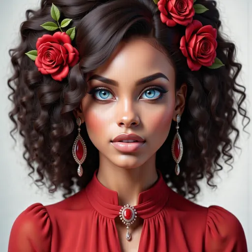 Prompt: a woman with blue eyes and  flowers in her hair is wearing a red dres, Artgerm, computer art, highly detailed digital painting, a photorealistic painting