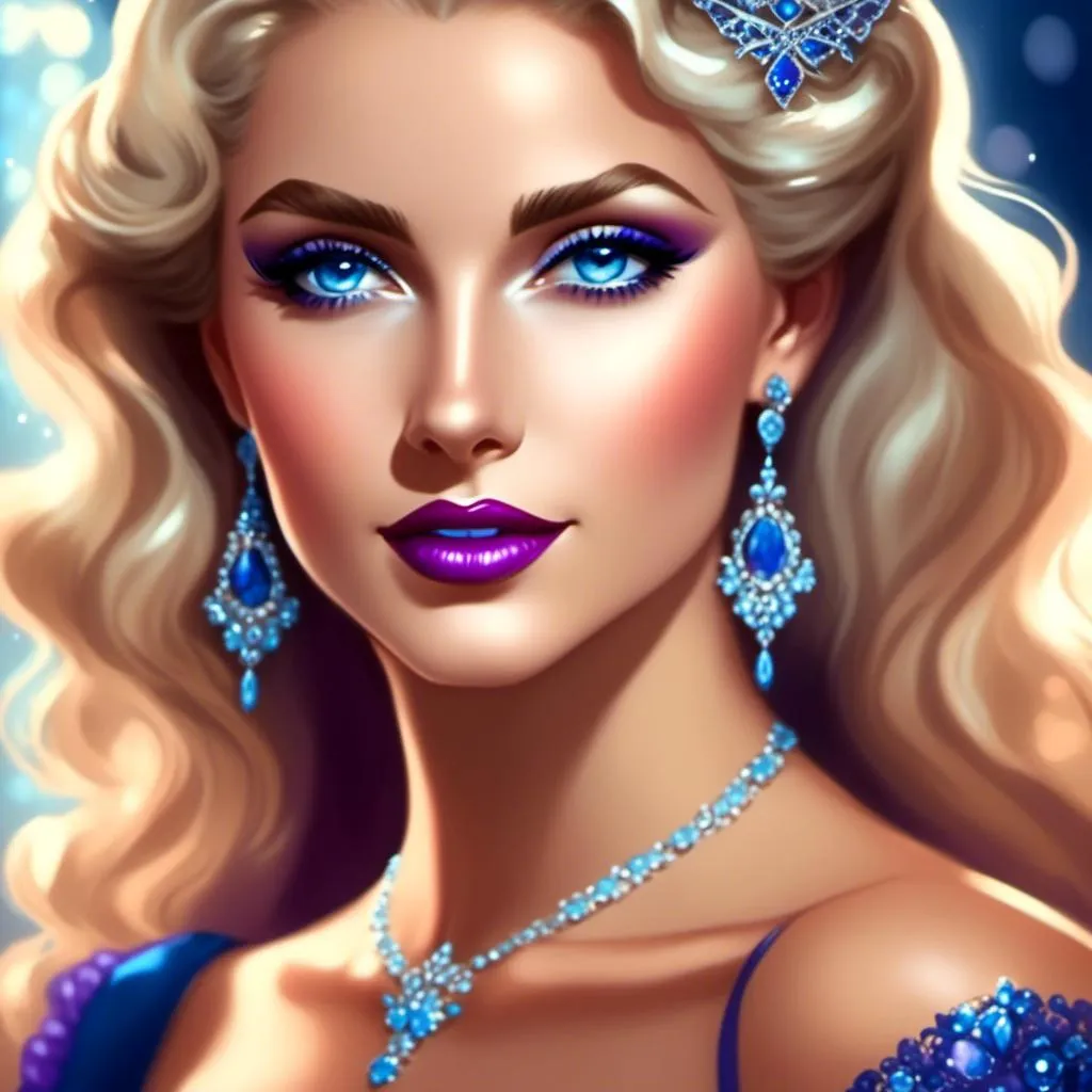 Prompt: <mymodel>Beautiful ethereal woman, long blonde hair,and icy blue eyes color, purple lipstick, facial closeup