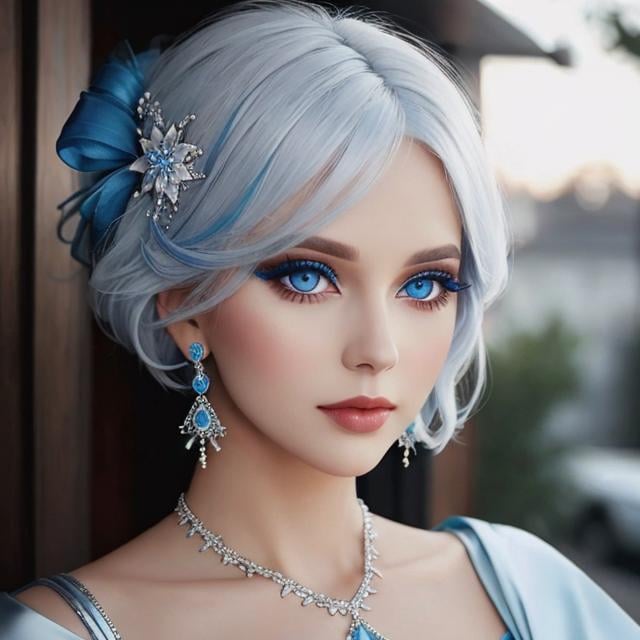 Prompt: A beautiful woman, white hair, blue eyes, blue eyeshadow, blue jewels o