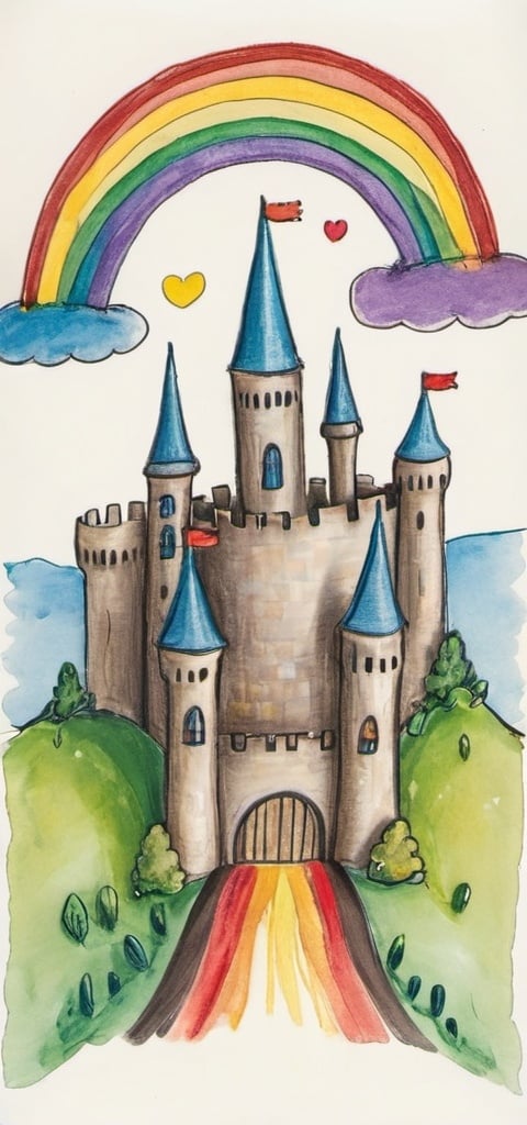 Prompt: a child's drawing of a castle with a rainbow