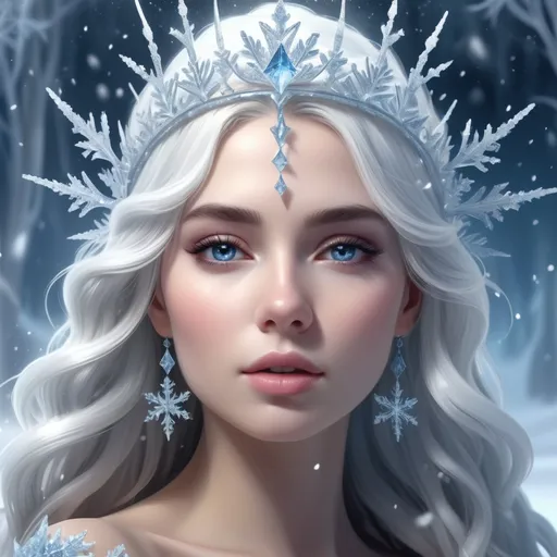 Prompt: (ice queen), ethereal beauty, glistening ice crystals, flowing icy gown, detailed ornate crown, frosty blue and silver tones, sparkling snowflakes in the air, majestic winter landscape, enchanting atmosphere, bright white light contrasts with cool shades, high detail, ultra-detailed, 4K quality, captivating and magical ambiance.