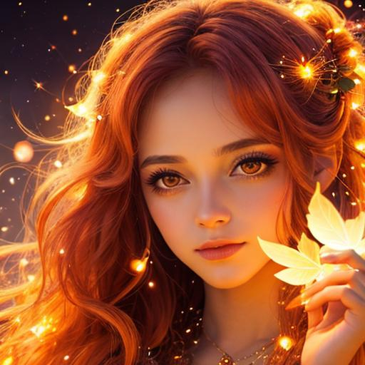 Prompt: fairy goddess, warm colors,  fireflies in hair, fiery background, closeup