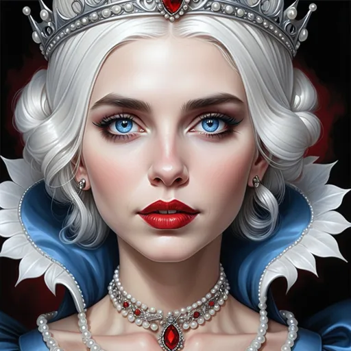 Prompt: a woman with  white hair,  large blue eyes, a tiara and pearls on her head and a red lip and a blue dress with a red and white collar, Anne Stokes, gothic art, highly detailed digital painting, a detailed painting