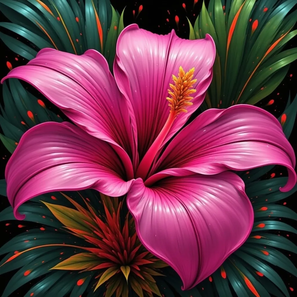 Prompt: a pink flower with green leaves in the background and a black background with a pink flower in the foreground, Boetius Adamsz Bolswert, photorealism, highly detailed digital painting, an airbrush painting