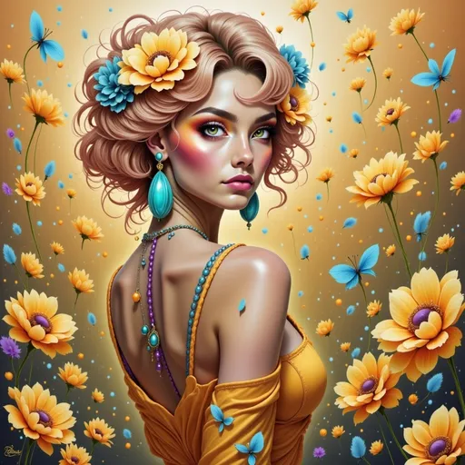 Prompt: a painting of a woman with flowers in her hair and a yellow dress on her shoulders and a blue necklace on her neck, Charlie Bowater, fantasy art, highly detailed digital painting, a detailed painting