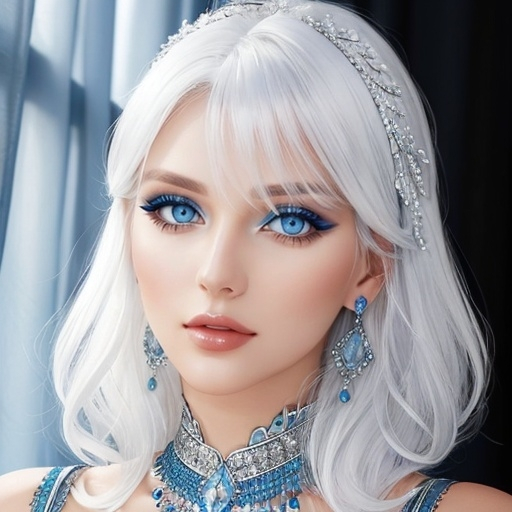 Prompt: A beautiful woman, white hair, blue eyes, blue eyeshadow, blue jewels o