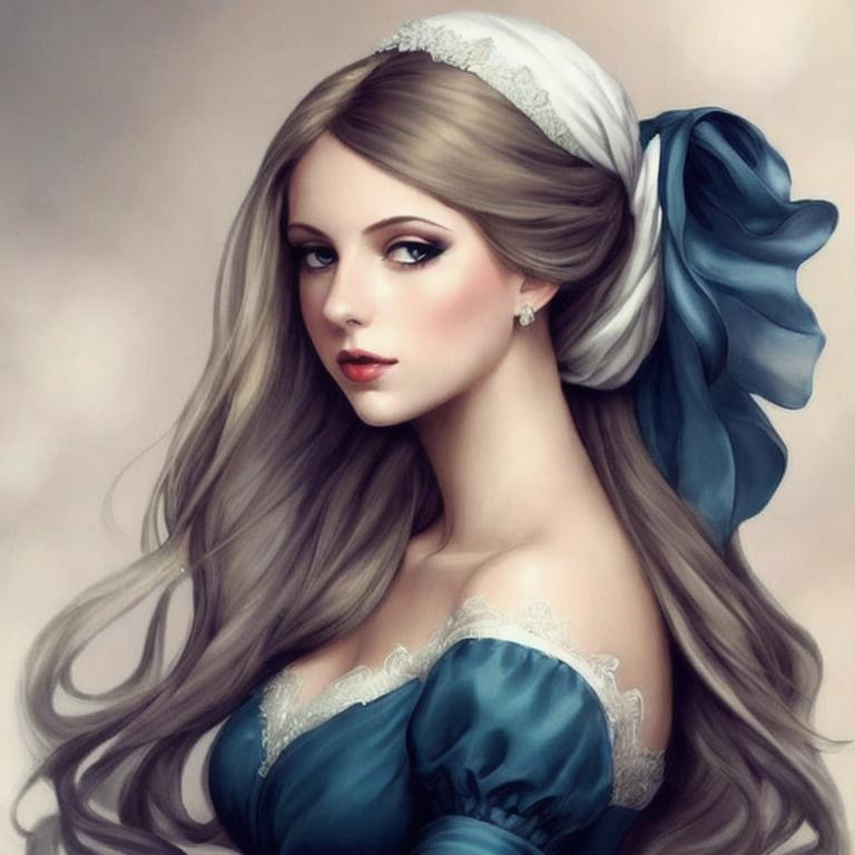 Prompt: a beautiful young lady, elegant long hair, beautiful dress, a white head scarf