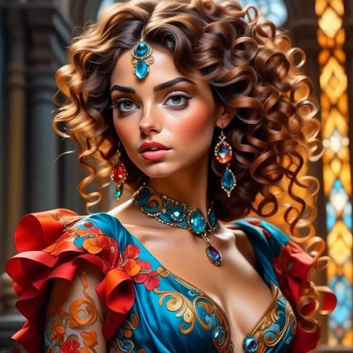 Prompt: <mymodel> digital painting, dramatic colourful makeup, high fashion, intense gaze, realistic portrayal, vibrant colors, detailed features, highres, professional, dramatic, realistic, digital painting, intense gaze, vibrant colors, detailed features, high fashion, glamorous lighting