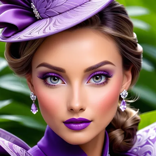 Prompt: lady in purple high class attire, facial closeup