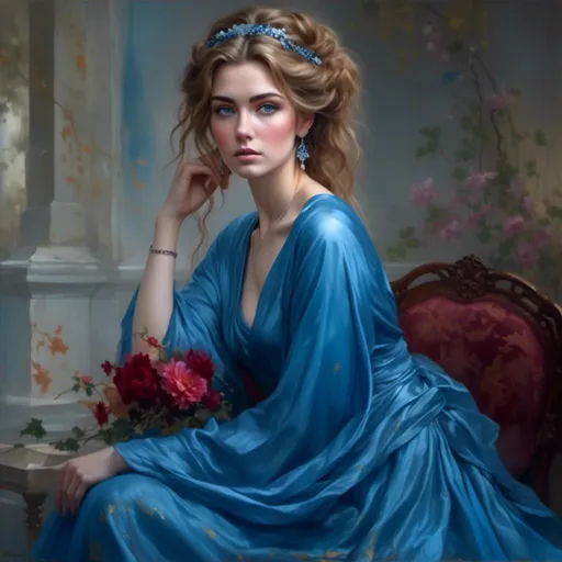 Prompt: <mymodel> Lady in blue, oil painting, flowing blue gown, serene expression, elegant posture, detailed hair and accessories, high quality, realistic, cool tones, soft lighting