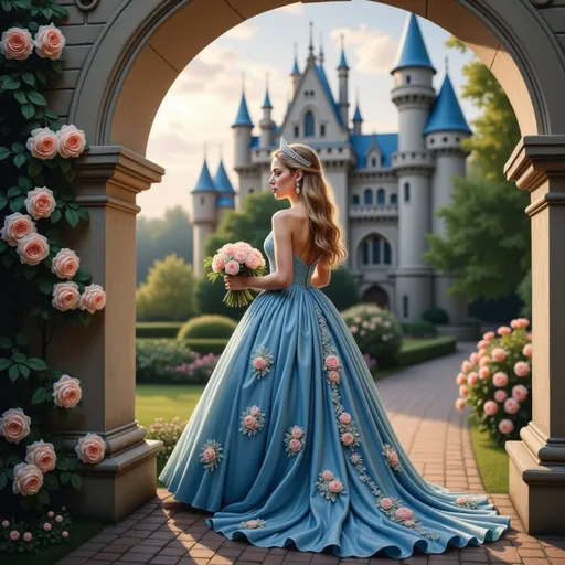 Prompt: Bathed in the soft glow of golden hour, a young woman stands gracefully in a striking blue gown adorned with delicate floral embellishments, hinting at a fairytale setting. Her long, wavy hair cascades elegantly down her back, complemented by a sparkling tiara atop her head, adding a touch of regal charm. Surrounded by blooming roses that frame her entrance, she gazes toward a majestic castle with soaring blue spires in the background, nestled amid lush greenery. The cobblestone path leads the viewer’s eye toward her, inviting a sense of wonder and enchantment in this dreamy, romantic landscape. The overall composition blends a serene atmosphere with a hint of magical storytelling, evoking a perfect moment of anticipation and beauty.