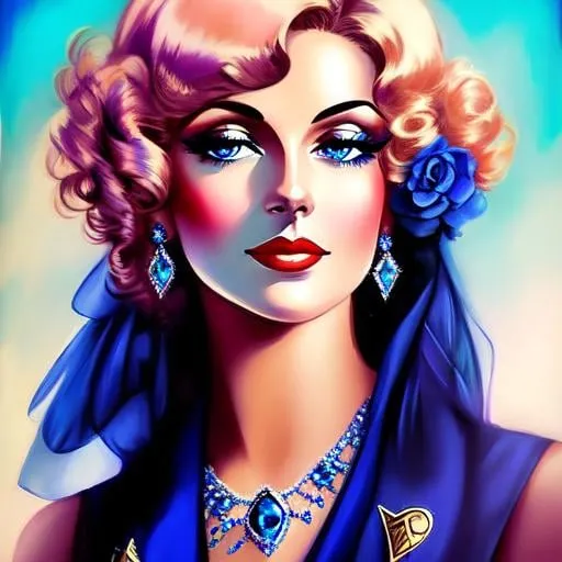 Prompt: Glamorously dressed lady of rhe 1930's wearing sapphire jewelry,blue eyes