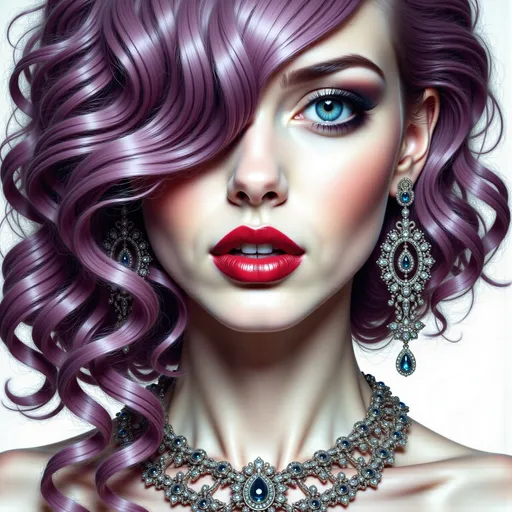 Prompt: a digital painting of a woman with purple hair and jewelry on her neck and face, with a white background, Anne Stokes, gothic art, highly detailed digital painting, a detailed drawing