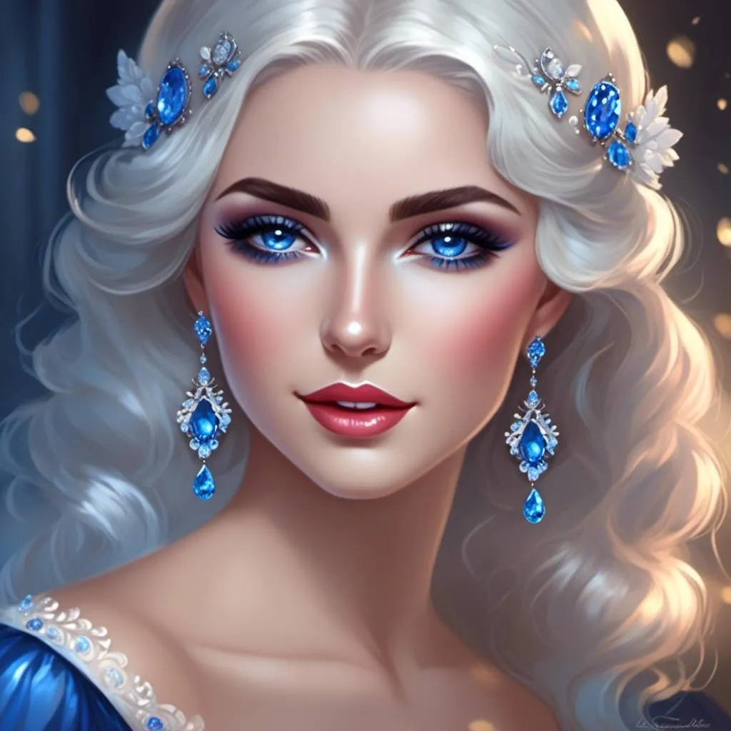 Prompt: <mymodel>A beautiful woman, snow white hair with pastel highlights, frosty blue eyes, blue eyeshadow, blue jewels on forehead