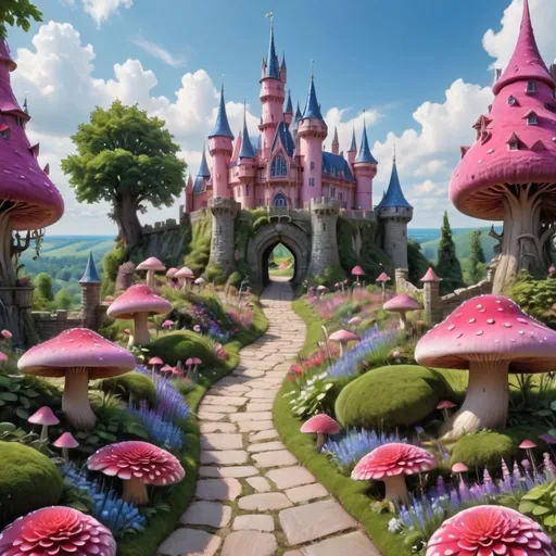Prompt: A whimsical, fairy-tale castle stands majestically in the background, its vibrant pink towers adorned with blue spires reaching towards a bright blue sky dotted with fluffy white clouds. The lush garden surrounding the castle is a riot of color, featuring oversized pink mushroom-like trees and blooming flowers in shades of purple and pink, meticulously arranged along a winding stone pathway that beckons visitors to explore. The sunlight bathes the scene in a warm glow, enhancing the playful and enchanting atmosphere, inviting a sense of wonder and magic. The gentle undulations of the landscape lead the eye from the foreground to the castle, creating a vivid narrative of a fantastical realm where dreams come to life. This picturesque view captures the essence of a charming, idealized world, brimming with charm and imagination.