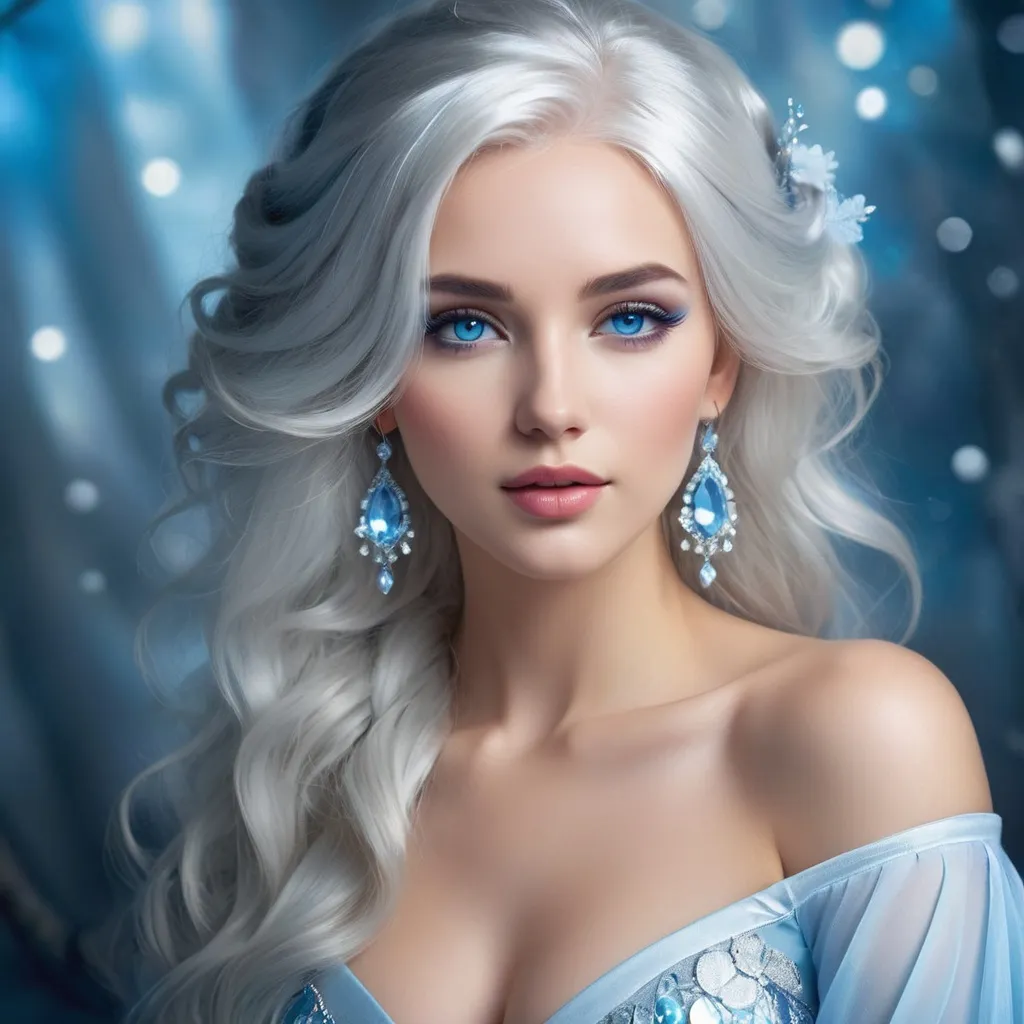 Prompt: <mymodel>High-res digital painting of a beautiful woman with snow white hair and pastel highlights, frosty blue eyes, blue eyeshadow, and blue jewels on her forehead, ethereal fantasy style, cool tones, soft and magical lighting, detailed facial features, professional, elegant, high quality