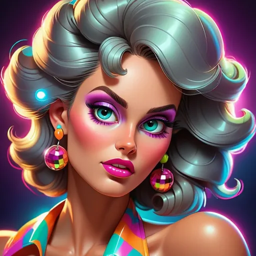 Prompt: Cartoon-style closeup illustration of an 80s disco lady, vibrant colors, neon lighting, detailed facial features, glossy makeup, retro hairstyle, funky earrings, disco ball reflection in eyes, high-quality, vibrant, colorful, cartoon, 80s, disco, detailed facial features, neon lighting, glossy makeup, retro hairstyle, funky earrings
