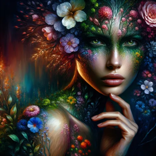 Prompt: Beautiful  hybrid woman with flowers sprouting from her, oil painting, ethereal glow, dark and mysterious, high quality, vibrant colors, surreal, haunting, intricate floral details, intense gaze, mystical atmosphere, oil painting,  ethereal, vibrant colors, surreal, haunting, floral details, intense gaze, mystical atmosphere