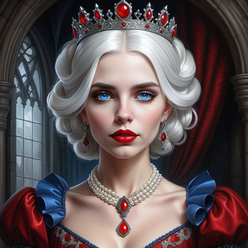 Prompt: a woman with  white hair, blue eyes, red lips, a tiara and pearls on her head and a red lip and a blue dress with a red and white collar, Anne Stokes, gothic art, highly detailed digital painting, a detailed painting