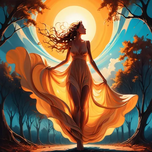 Prompt: a painting of a woman with a flowing dress and a sun in the background, with a sky and trees, Cyril Rolando, action painting, incredible art, an airbrush painting