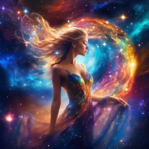 Prompt: colorful, sparkly, exquisite, glowing Goddess in a flowing, filmy dress, incredible all body form of a incredible bodied, incredibly beautiful faced woman with a buxom perfect body falling backwards through space, nebulas, stars, planets, the milky way and galaxies