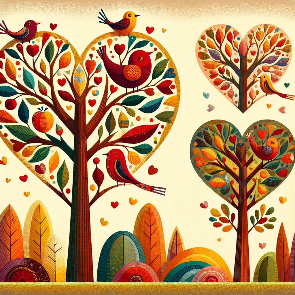 Prompt: a painting of a tree with two birds on it and a heart shaped tree with two birds on it, Annabel Kidston, naive art, birds, a storybook illustration