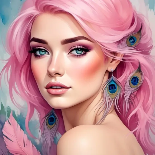 Prompt: <mymodel>Pretty woman adorned with peacock feathers, pink hair, vibrant colors, detailed feathers, elegant pose, high quality, oil painting, fantasy, vibrant tones, soft lighting