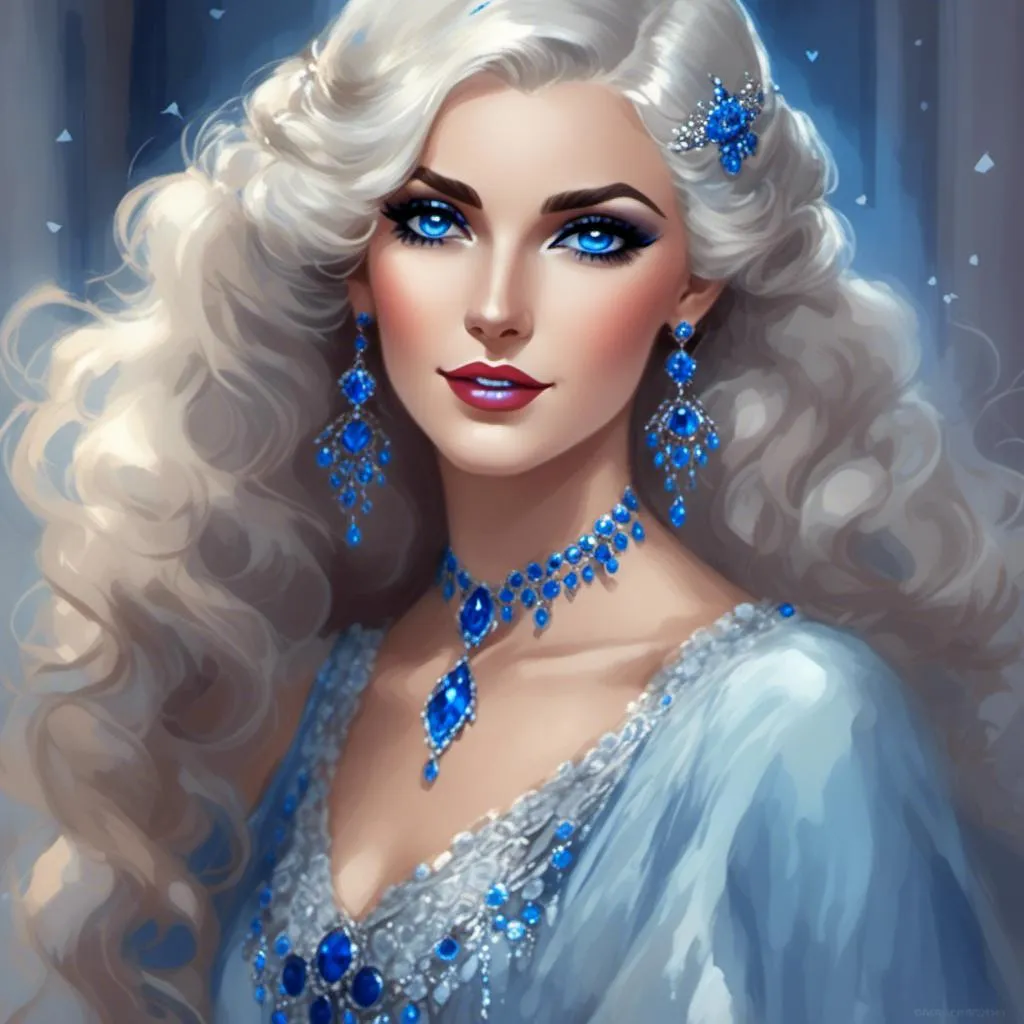 Prompt: <mymodel>A beautiful woman, white hair, blue eyes, blue eyeshadow, blue jewels on forehead