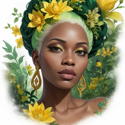 Prompt: <mymodel>In a majestic detailed floral the mystical Empress, a black woman with green and yellow hair, stands tall amidst vibrant flora, embodying divine grace and feminine power.