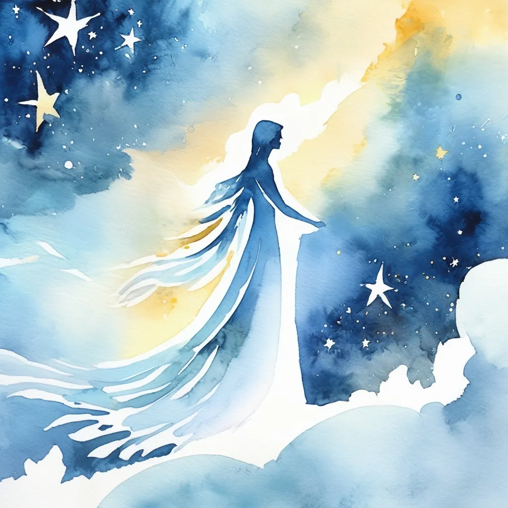 Prompt: Figurative watercolor of a human figure composed of starlight, dreamy and etherial, hopeful and optimistic 