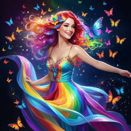 Prompt: (rainbow lady), vibrant colors, flowing multicolored hair, whimsical attire accentuated with geometric patterns, ethereal background with swirling hues, uplifting atmosphere, enchanting smile, surrounded by luminous butterflies, sparkling light effusions, magical feel, (4K), ultra-detailed, captivating composition, cheerful mood, reminiscent of a fairytale.