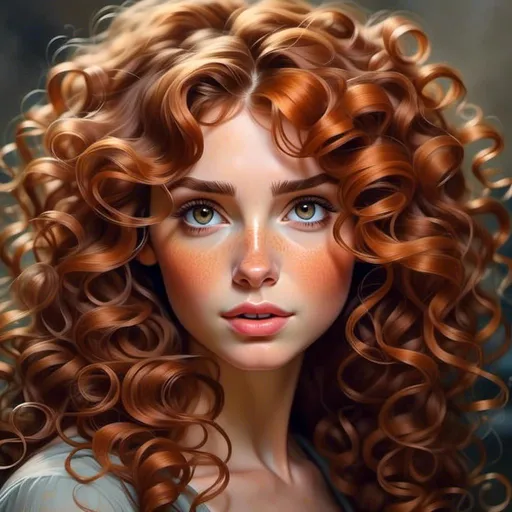 Prompt: <mymodel>Beautiful, feminine girl with big, bushy, curly, frizzy, huge, and massive ginger/auburn hair and freckles, high definition, realistic, detailed, portrait, natural lighting, warm tones, professional, detailed hair, no imperfections, elegant, intricate curls, vibrant, stunning, ginger/auburn beauty, feminine charm