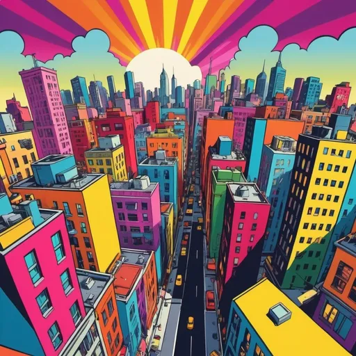 Prompt: Vibrant pop art illustration of a flamboyant cityscape, bold and lively colors, comic book style, retro pop culture references, exaggerated perspectives, high energy, best quality, vivid, dynamic, pop art, comic book style, vibrant colors, retro, exaggerated, lively, cityscape, energetic, professional, dynamic lighting