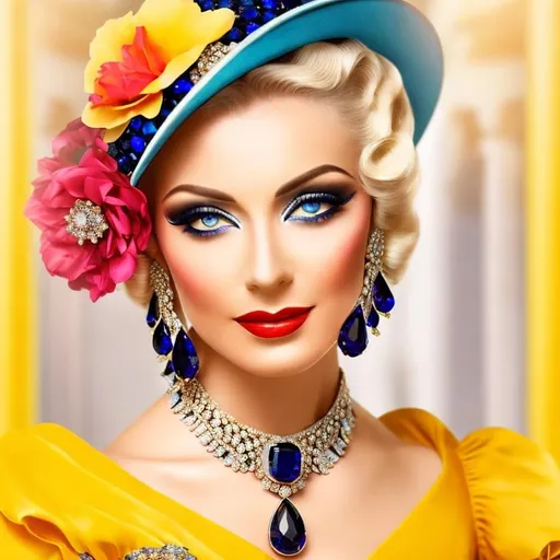 Prompt: Glamorously dressed lady of rhe 1930's wearing sapphire jewelry,blue eyes