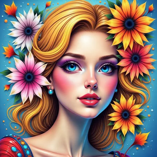 Prompt: a painting of a woman with flowers in her hair and blue eyes, wearing a red dress and a flower in her hair, Edwin Georgi, figurative art, highly detailed digital painting, a pop art painting