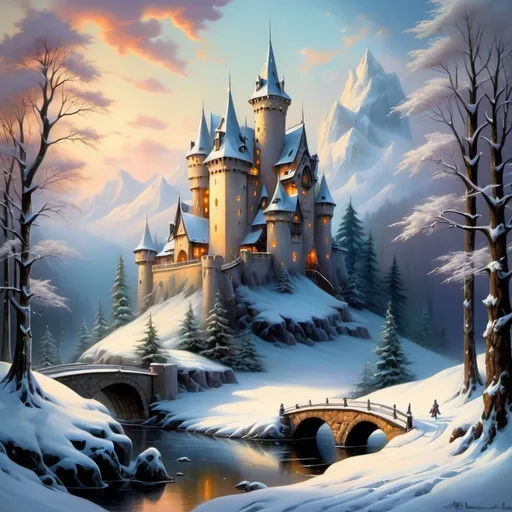 Prompt:  a painting of a castle surrounded by trees, beautiful fantasy painting, fairytale painting, whimsical fantasy landscape art, beautiful render of a fairytale, dream scenery art, snow landscape, winter scene fantasy, beautiful snowy landscape, snowy winter scene, thomas kinkade style painting, fairytale artwork, snow forest, adrian borda, snow scene, winter painting, beautiful winter area 