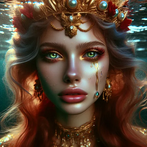 Prompt: A mermaid, her hair is golden red, green eyes, with a golden crown She is very dreamy. Under the water, she drops a drop of pearl tears. Her light blue eyes are very deep and very long. pretty, show her full body