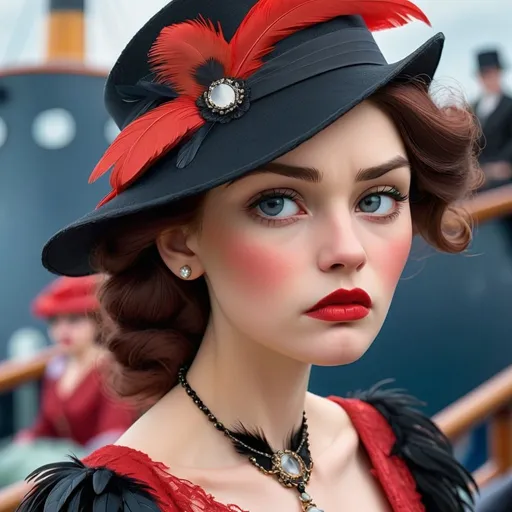 Prompt: <mymodel>fashionable 1st class  female passenger on the Titanic, pale skin, dark styled hair, large lips,  looking sad, facial closeup, vibrant colors, red dress and elaborate hat with feathers
