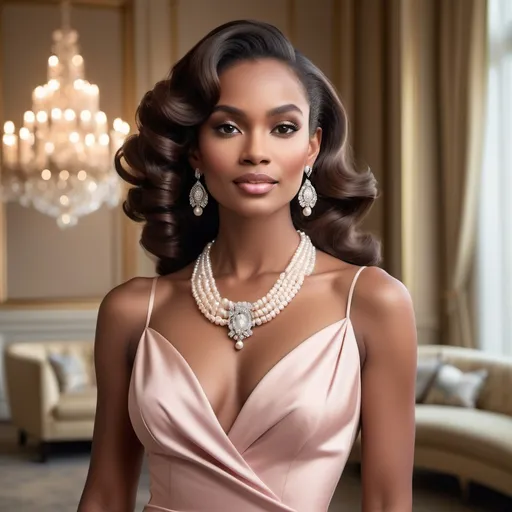 Prompt: Elegantly poised in a sumptuous setting, a woman with radiant, sculpted features exudes confidence and grace, adorned in a form-fitting, blush-colored dress that accentuates her curves. Her glamorous look is amplified by soft, voluminous curls framing her face and lavish jewelry—a pearl necklace and sparkling earrings—adding a touch of opulence. The softly illuminated room, highlighted by a window draped with pastel curtains, showcases tasteful decor, including framed portraits lining the walls, which contribute to an air of nostalgia and sophistication. This moment captures a blend of beauty and timeless elegance, evoking a sense of charm and allure that transports the viewer into a bygone era of refinement.