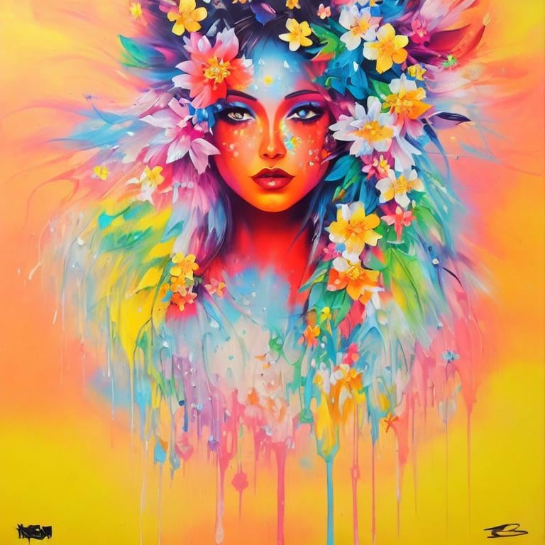 Prompt: Flower Siren graffiti art, splash art, street art, spray paint, oil gouache melting, acrylic, high contrast, colorful polychromatic, ultra detailed, ultra quality, CGSociety