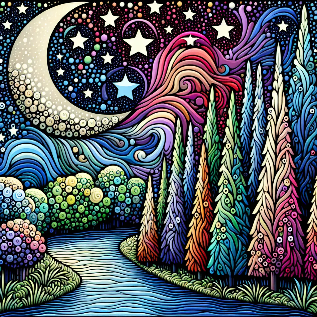 Prompt: a quirky, colorful painting of a night sky with a crescent and stars above a river and trees with a moon in the sky, Chris LaBrooy, fantasy art, highly detailed digital painting, a detailed painting