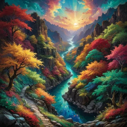 Prompt: Imagine a rich, jewel-toned landscape bathed in the warm glow of sunset. Vivid emerald greens intertwine with deep sapphire blues and radiant ruby reds, creating a tapestry of color that feels alive with magic. A winding river reflects the brilliant hues, shimmering like a treasure trove of gemstones. Ethereal clouds drift lazily across the sky, their edges aglow with shades of amethyst and gold, while soft whispers of a gentle breeze rustle through the lush foliage. The scene is infused with a sense of tranquil wonder, as if a fairy tale were unfolding. This vibrant tableau could be rendered in a dreamy watercolor illustration, accentuating the fluidity and richness of the jewel tones.