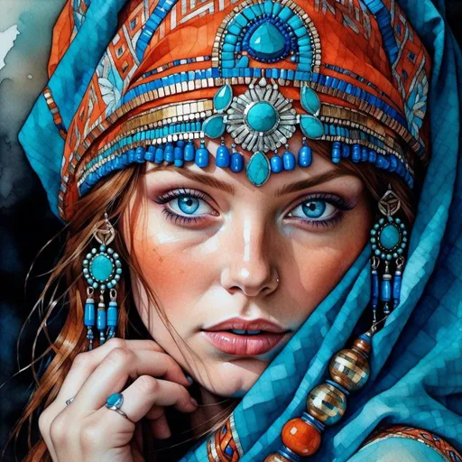 Prompt: <mymodel>Watercolor and pen sketch of a young woman in southwestern style, turquoise jewelry, flowing attire, intricate details, vibrant colors, high quality, southwest art, watercolor, pen sketch, detailed jewelry, flowing attire, vibrant colors, beautiful woman, high quality imagery, professional, atmospheric lighting